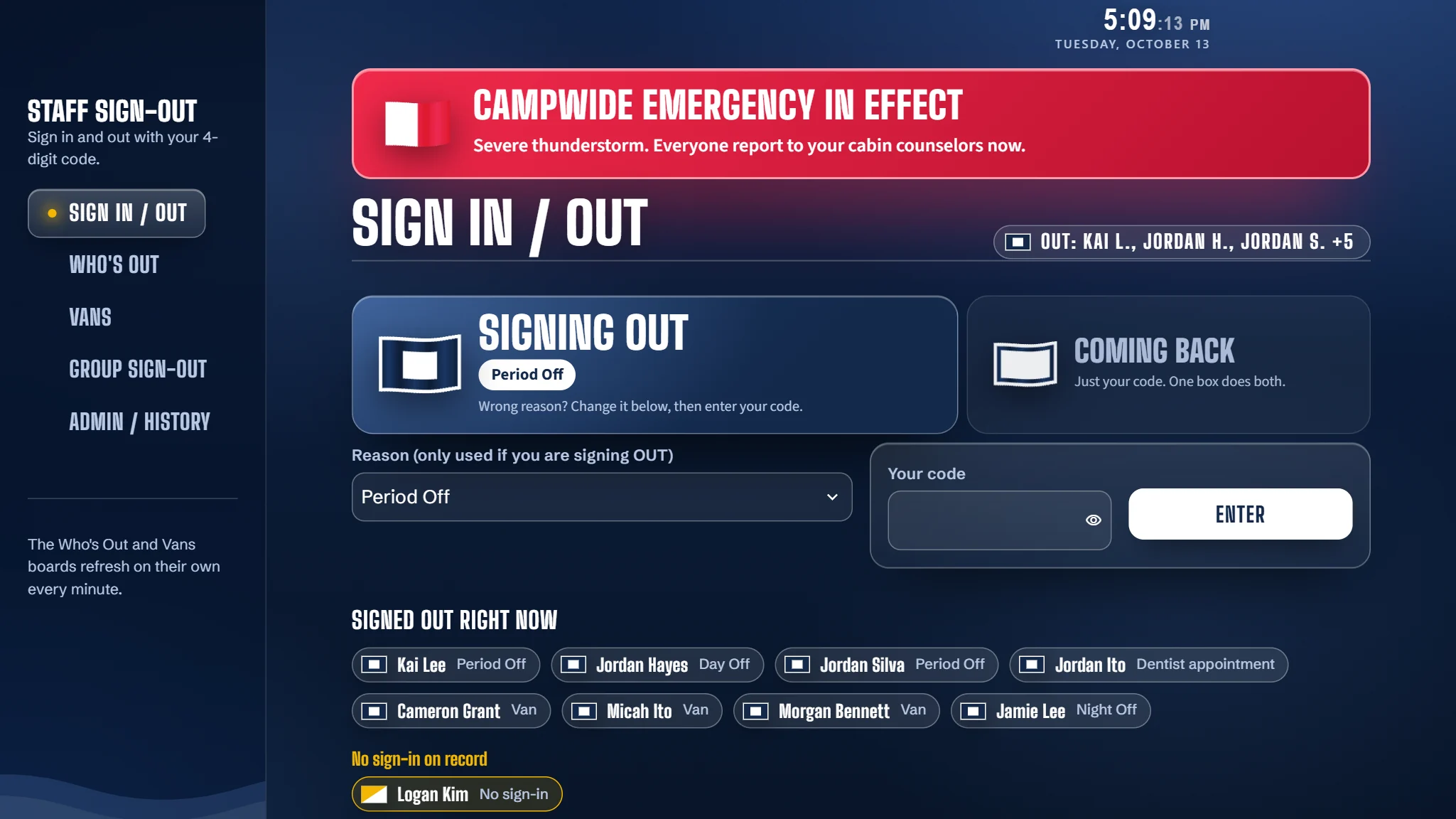 A red campwide emergency banner with a message from the director shown across the top of the sign-in screen.