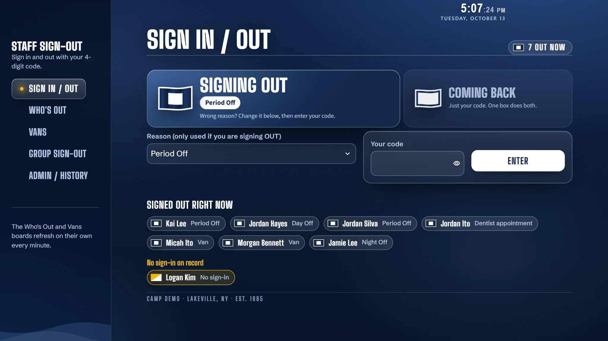 The Headcount sign-in screen with a code box and the list of who is signed out right now.